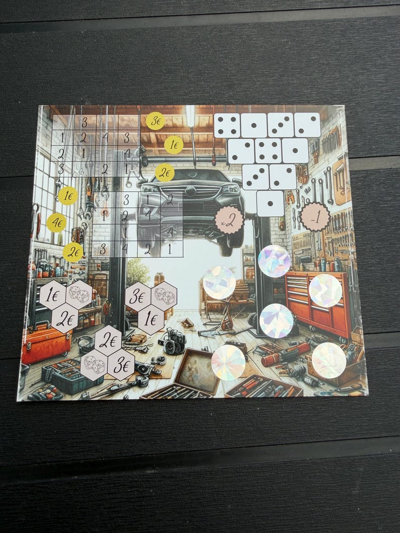 May include: A rectangular board game sheet featuring a garage scene with a car on a lift, tools, and workbenches. The design includes various game elements such as dice icons, numerical values with euro symbols, hexagonal grids, and holographic circular stickers.
