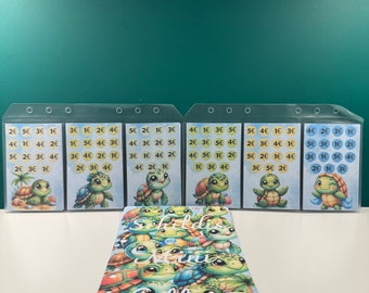May include: Six clear plastic cards with colorful turtle illustrations and numbers printed on them. The cards are labeled with different denominations, including 1, 2, 3, 4, and 5. Below the cards is a colorful card with a turtle illustration and the text "Turtle Mini Challenge".