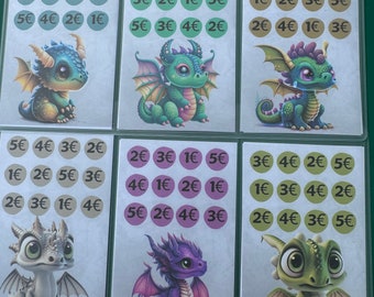 May include: Six cards with different colored dragons and numbers on them. The numbers are in Euros. The dragons are green, purple, and blue.