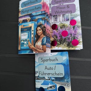 Könnte beinhalten: Drei deutschsprachige Sparbücher mit farbenfrohen Umschlägen. Das obere Buch zeigt eine Frau an einem Geldautomaten, das mittlere Buch zeigt ein Haus und Blumen, und das untere Buch zeigt ein blaues Auto. Jedes Buch hat einen anderen Titel.