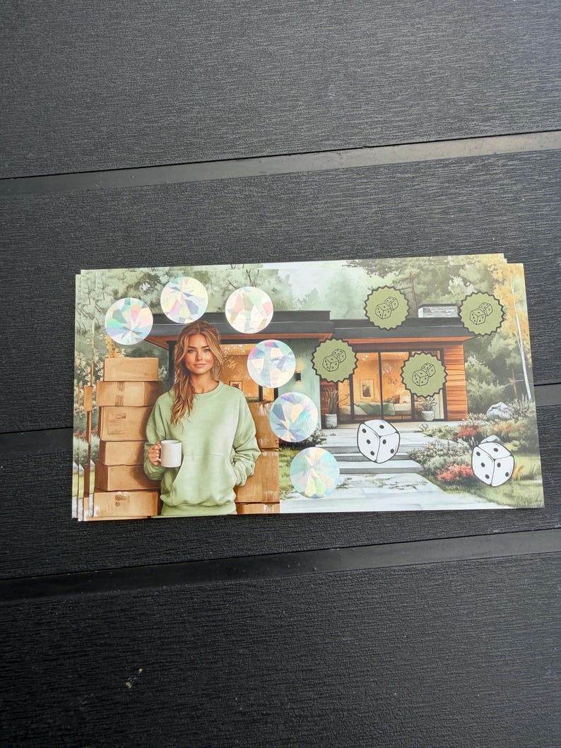 May include: A rectangular sticker sheet featuring a printed illustration of a person in a light green sweatshirt holding a white mug next to stacked cardboard boxes in front of a modern house, accented with holographic circles and dice icons.