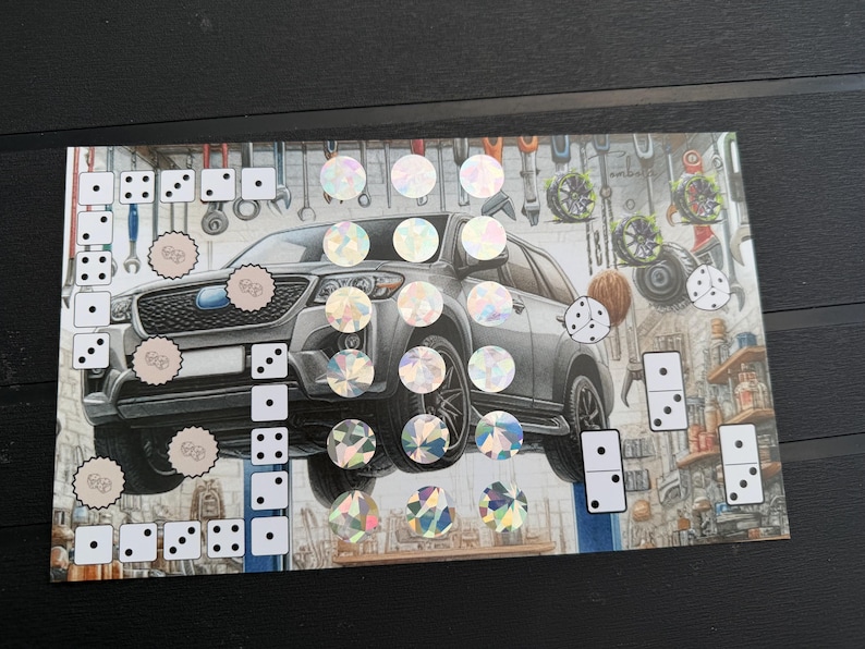 May include: A rectangular sticker sheet featuring a gray SUV illustration in a garage setting. The design includes various circular holographic stickers, square dice-patterned stickers, and rectangular domino-patterned stickers arranged around the vehicle.