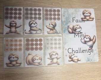 May include: Six printable sloth-themed challenge cards with numbers and a sloth illustration on each card. The cards are designed for a sloth-themed mini challenge. The text on the card reads "Fauli Mini Challenge".