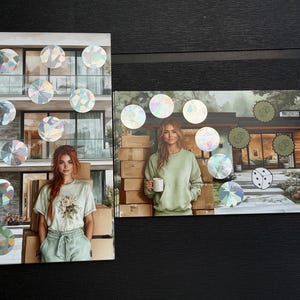 May include: Two rectangular sticker sheets featuring photographic prints of a person in casual clothing. The left sheet shows a person in a light green shirt, while the right sheet shows a person in a light green sweatshirt, both decorated with holographic and green circular stickers.