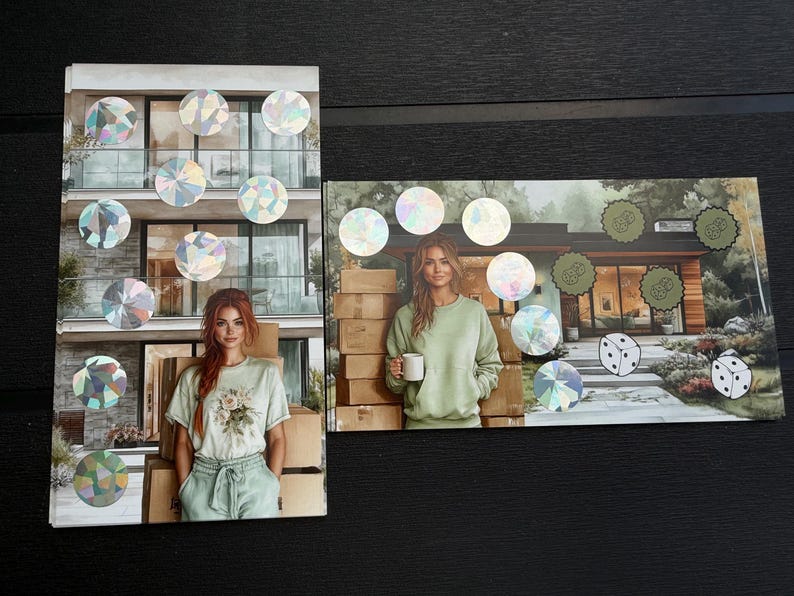 May include: Two rectangular sticker sheets featuring photographic prints of a person in casual clothing. The left sheet shows a person in a light green shirt, while the right sheet shows a person in a light green sweatshirt, both decorated with holographic and green circular stickers.