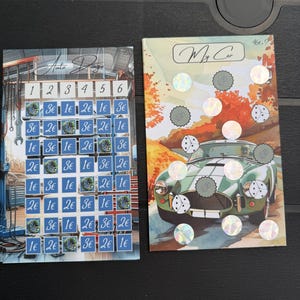 May include: Two rectangular game cards. The left card, titled Auto Dingo, features a grid with numbers 1-6 and various euro currency values. The right card, titled My Car, displays a green sports car with holographic scratch-off circles.