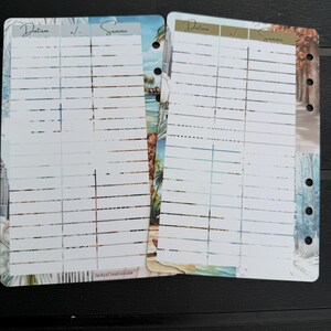 May include: Two planner inserts featuring a white grid with columns labeled Datum, +/-, and Summe. The pages have a decorative border with nature-themed illustrations and punched holes on the side. The text JackysCreativstube is printed at the bottom.