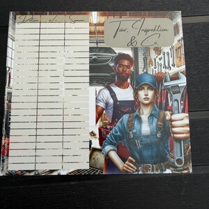 May include: A notepad featuring a left-hand column with grid lines labeled Datum, +/-, and Summe. The right side displays an illustration of two mechanics in a garage, with one holding a large adjustable wrench. The text T&uuml;v, Inspektion & Co. is visible.