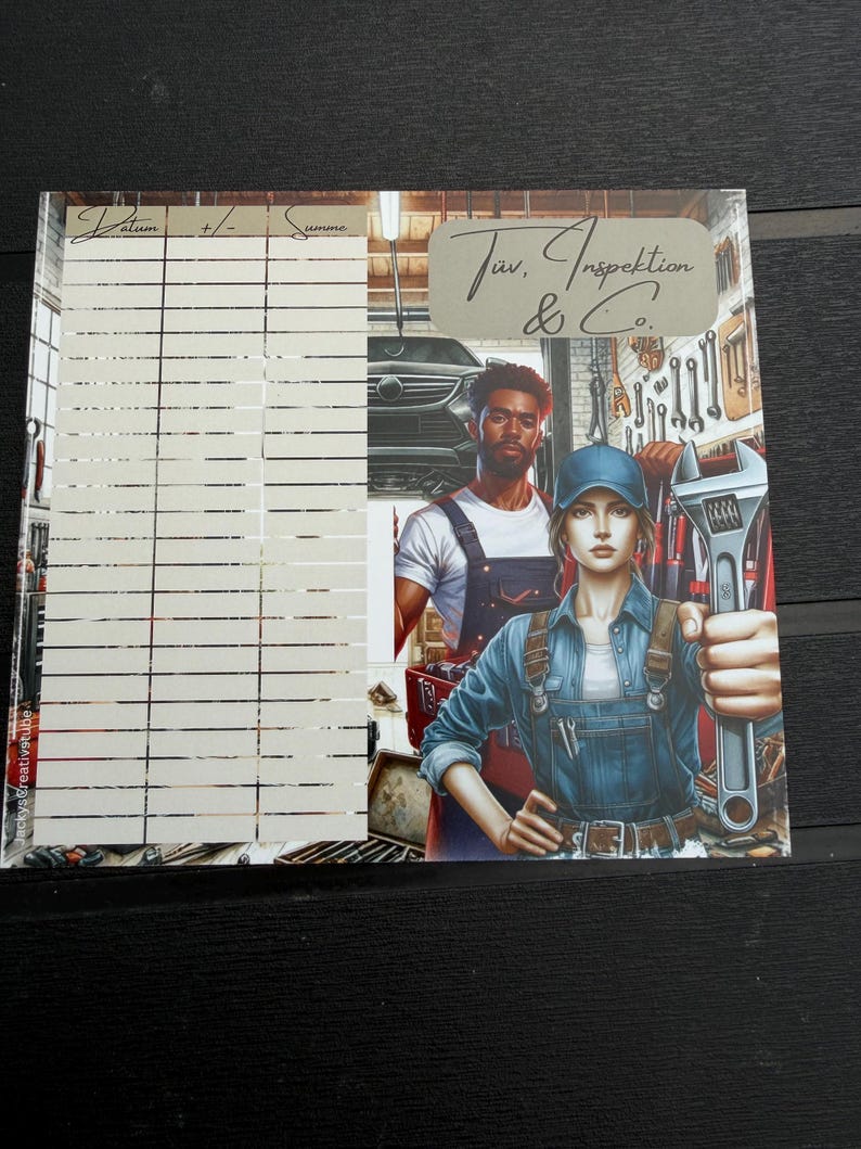 May include: A notepad featuring a left-hand column with grid lines labeled Datum, +/-, and Summe. The right side displays an illustration of two mechanics in a garage, with one holding a large adjustable wrench. The text T&uuml;v, Inspektion & Co. is visible.