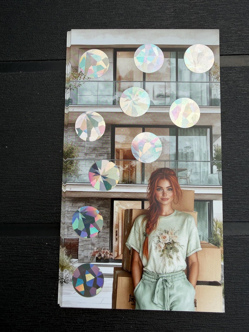 May include: A rectangular sticker sheet featuring a printed image of a person with long red hair wearing a light green floral t-shirt and matching pants, standing in front of a modern building with cardboard boxes, overlaid with several holographic circles.