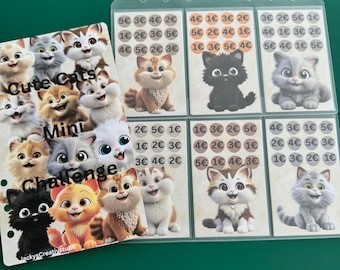 May include: A set of nine colorful cards featuring cartoon cats with different coin amounts printed on each card. The cards are labeled "Cute Cats Mini Challenge".