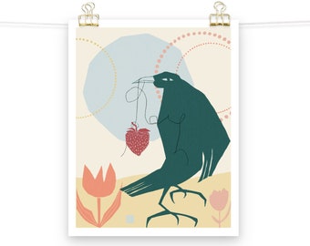 Modern, Mythical, Magical, Green Crow and Red Strawberry Art Print For, For Home, Office, and Children's Room Decoration