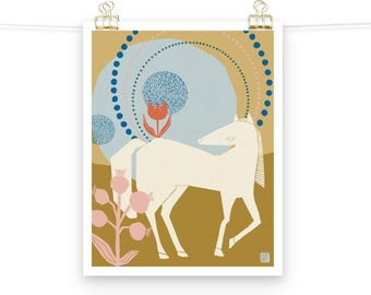 Modern, Mythical, Magical, White Horse In Flower Field, Art Print, For Home and Children's Room Decoration