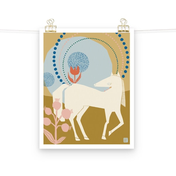 Modern, Mythical, Magical, White Horse In Flower Field, Art Print, For Home and Children's Room Decoration