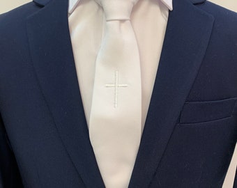 Boys Tie  Holy Communion White Cross Adjustable