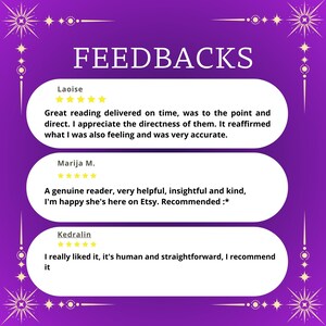 Purple testimonial graphic showcasing client feedback for a tarot reading and psychic medium service. The image features the title “Feedbacks” with celestial star decorations and three five-star reviews praising accurate tarot reading insights, kindness, clarity, and emotional support. Testimonials highlight reliable future reading guidance, intuitive accuracy, and a trustworthy psychic medium offering direct, helpful spiritual readings.