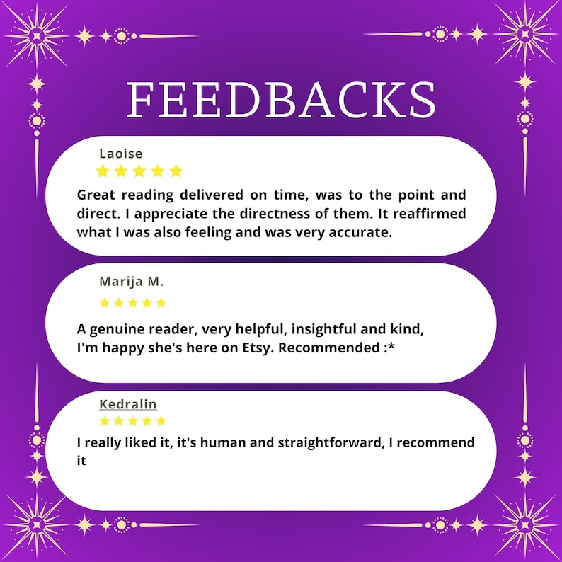 Purple testimonial graphic showcasing client feedback for a tarot reading and psychic medium service. The image features the title “Feedbacks” with celestial star decorations and three five-star reviews praising accurate tarot reading insights, kindness, clarity, and emotional support. Testimonials highlight reliable future reading guidance, intuitive accuracy, and a trustworthy psychic medium offering direct, helpful spiritual readings.