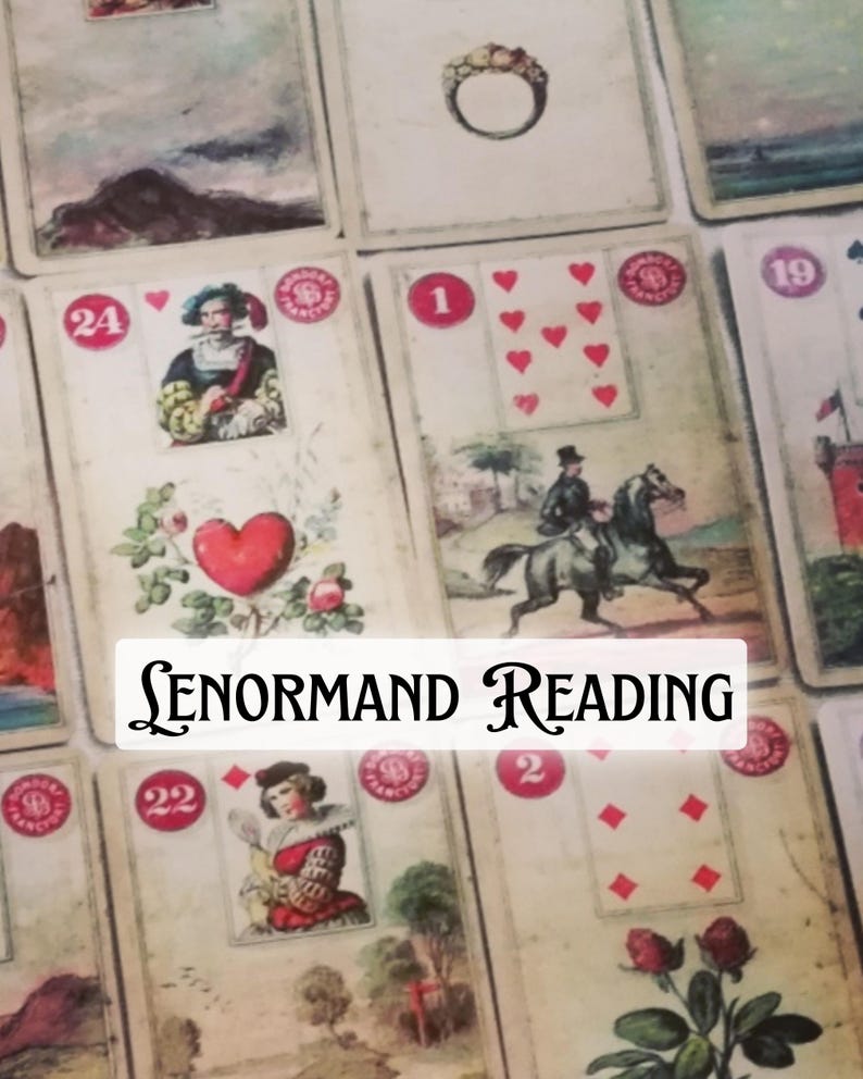 Close-up of a Lenormand card spread featuring classic symbols such as the Heart, Rider, Ring, and Clover, with the text “Lenormand Reading.” The image represents professional Lenormand cards reading and psychic reading services focused on love, relationships, and life guidance, offering intuitive insights and accurate future reading through traditional divination cards.