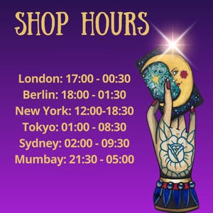 Shop hours graphic for a tarot reading and psychic medium service on a purple background. The image lists international time zones for London, Berlin, New York, Tokyo, Sydney, and Mumbai. An illustrated hand holds a mystical tarot card with moon and star symbolism, representing intuitive guidance, spiritual insight, and future reading availability across different global locations.