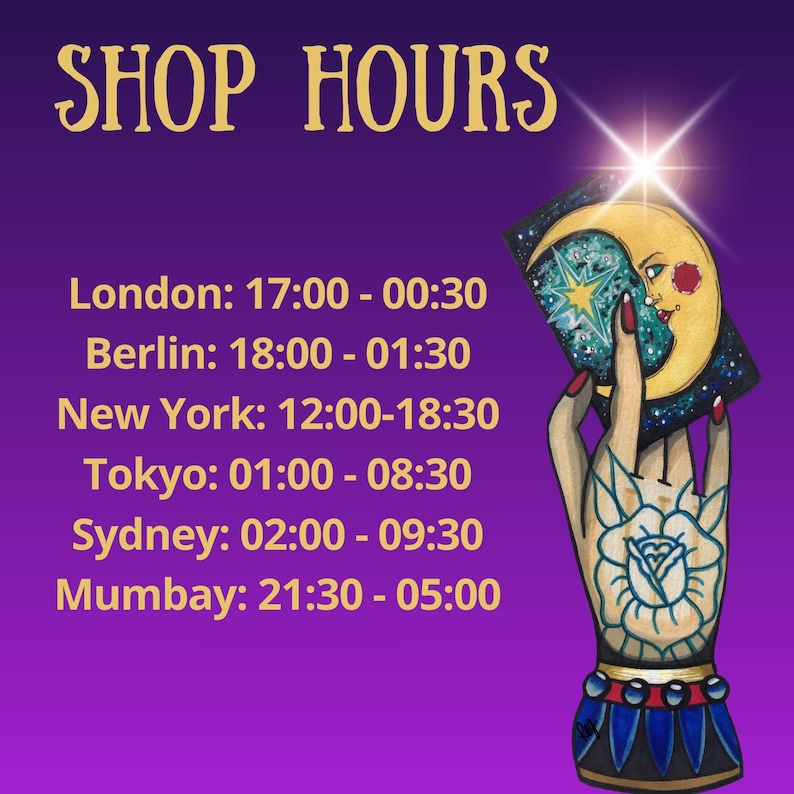 Shop hours graphic for a tarot reading and psychic medium service on a purple background. The image lists international time zones for London, Berlin, New York, Tokyo, Sydney, and Mumbai. An illustrated hand holds a mystical tarot card with moon and star symbolism, representing intuitive guidance, spiritual insight, and future reading availability across different global locations.
