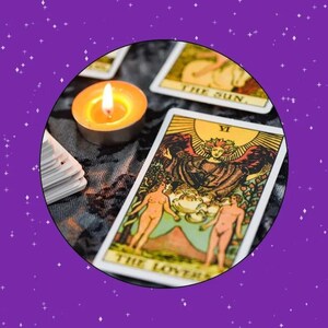 The Lovers tarot card displayed in a circular frame on a purple starry background, with a lit candle and a deck of tarot cards nearby. This mystical image represents tarot reading focused on love, relationships, and choices, symbolizing guidance from a psychic medium and intuitive insight for future reading and spiritual clarity.