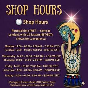 tarot reading. Psychic reading. Shop hours sign for a psychic reader offering tarot card reading and medium reading services. Purple background with gold text showing daily opening hours. On the right, an illustrated hand with a rose tattoo holds a mystical tarot card featuring a crescent moon and a glowing star.