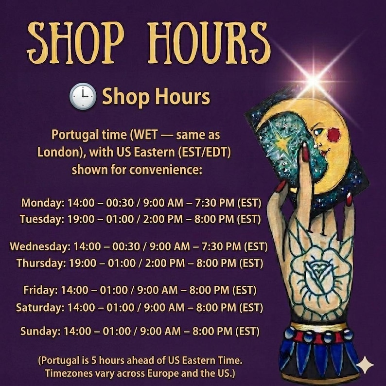 tarot reading. Psychic reading. Shop hours sign for a psychic reader offering tarot card reading and medium reading services. Purple background with gold text showing daily opening hours. On the right, an illustrated hand with a rose tattoo holds a mystical tarot card featuring a crescent moon and a glowing star.