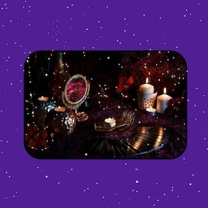 Mystical tarot reading setup with lit candles, a decorative mirror, an open palm, and a spread of tarot cards on a dark altar, framed by a purple starry background. This atmospheric image represents a psychic medium offering intuitive tarot reading and future reading, symbolizing spiritual guidance, insight, and connection to higher wisdom.