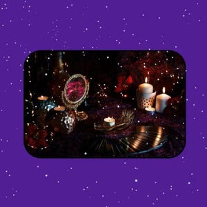 Mystical tarot reading setup with lit candles, a decorative mirror, an open palm, and a spread of tarot cards on a dark altar, framed by a purple starry background. This atmospheric image represents a psychic medium offering intuitive tarot reading and future reading, symbolizing spiritual guidance, insight, and connection to higher wisdom.