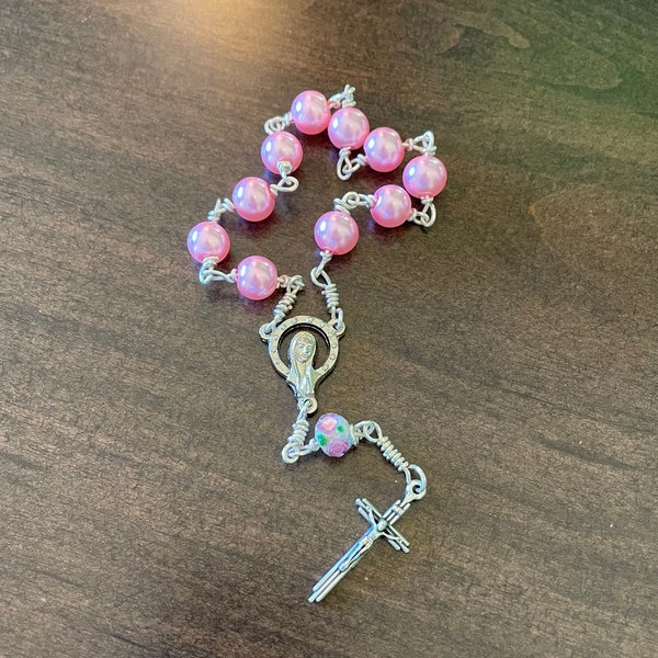 Unbreakable Pink and Rose Lampwork Single Decade Rosary.  Handcrafted using the wire wrapping method for durability.