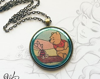 BFF Vintage Disney Comic Necklace - Pooh and Piglet - Statement Pendant - Blue
