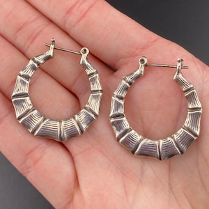 アクセサリー Sterling Silver Bamboo Pierced Earrings Solid 925 Sterling Silver Bamboo Shrimp HOOP Earrings 25 Mm