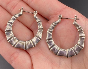 Solid 925 Sterling Silver Bamboo Shrimp HOOP Earrings 25 Mm