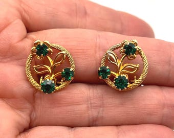 Vintage Gold Tone Green Rhinestone Floral Clip-On Earrings