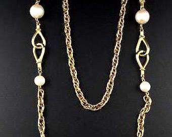 Vintage 36" Faux Pearl Gold Tone Necklace