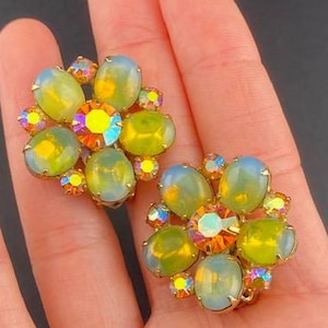 Vintage Coro Opalescent Glass and Rhinestone Flower Clip-On Earrings