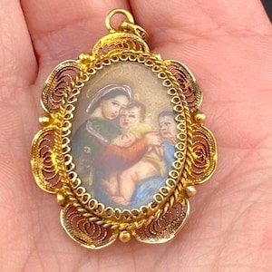 Antique 800 Silver Gold Vermeil Handpainted Madonna Pendant
