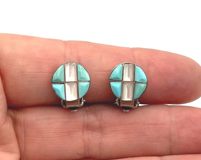 Vintage Turquoise Mother of Pearl Inlay Sterling Silver Clip-on ...