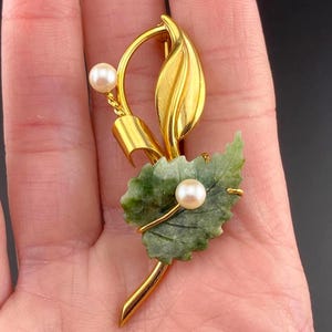 Broche vintage de jade y perla GF de 12 quilates