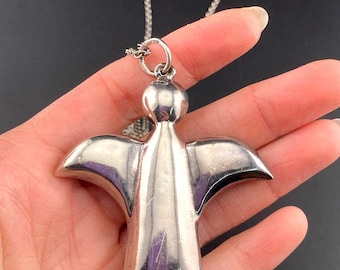 Vintage Silber Platte Puffy Engel Anhänger und Sterling Silber Kette