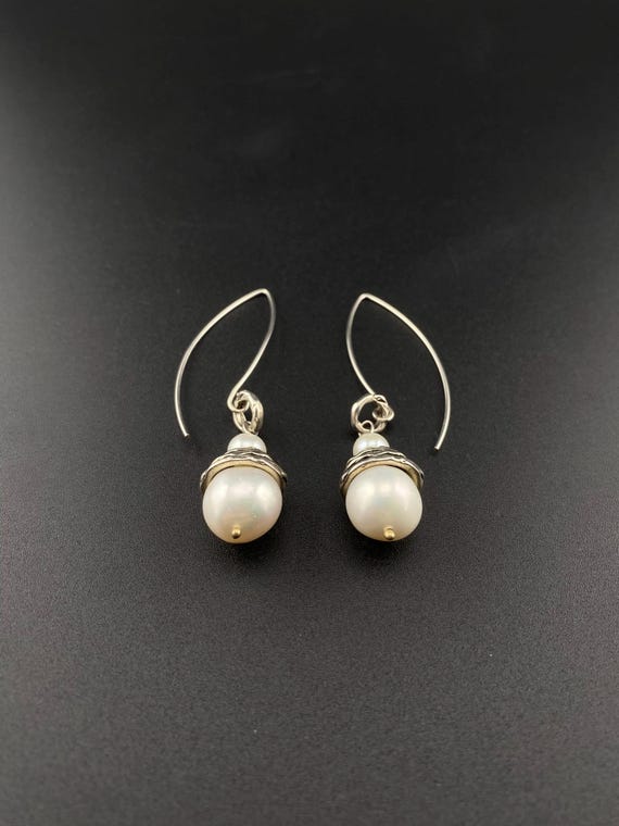 Vintage Sterling Silver Pearl Dangle Earrings - image 4