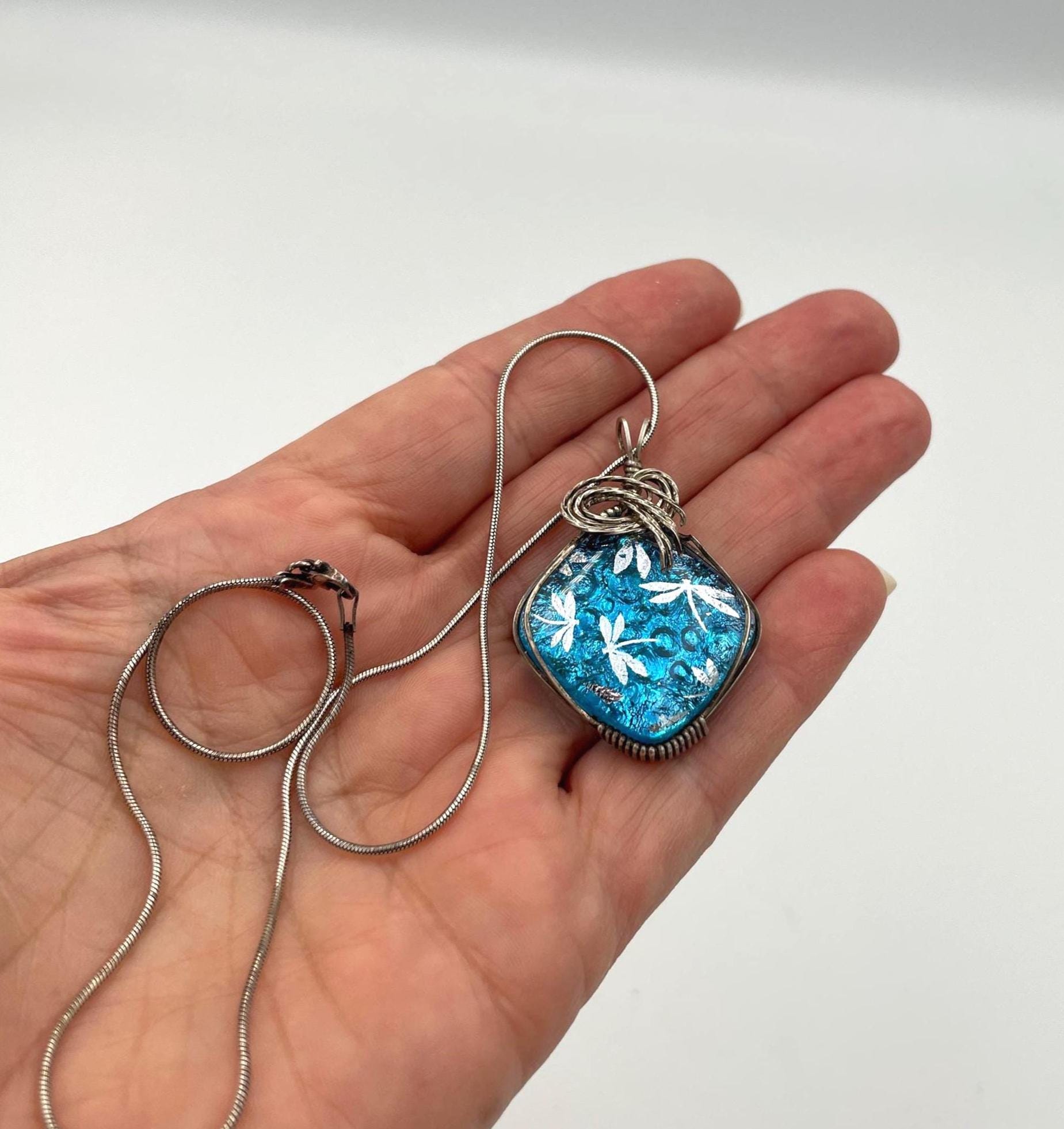 Vintage Blue Dragonfly Dichroic Glass Sterling Silver Wire Wrapped