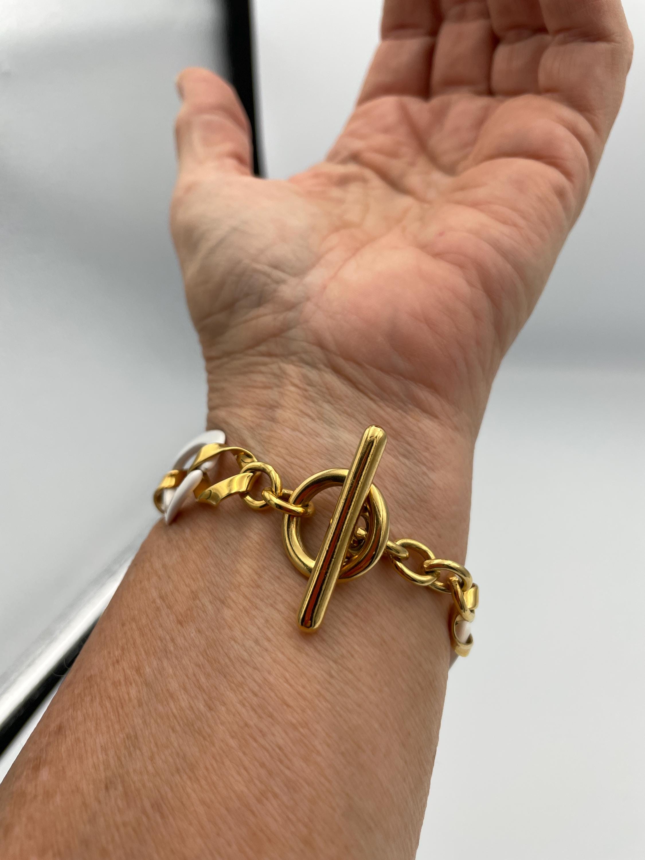 Vintage Monet White and Gold Link Bracelet - Etsy