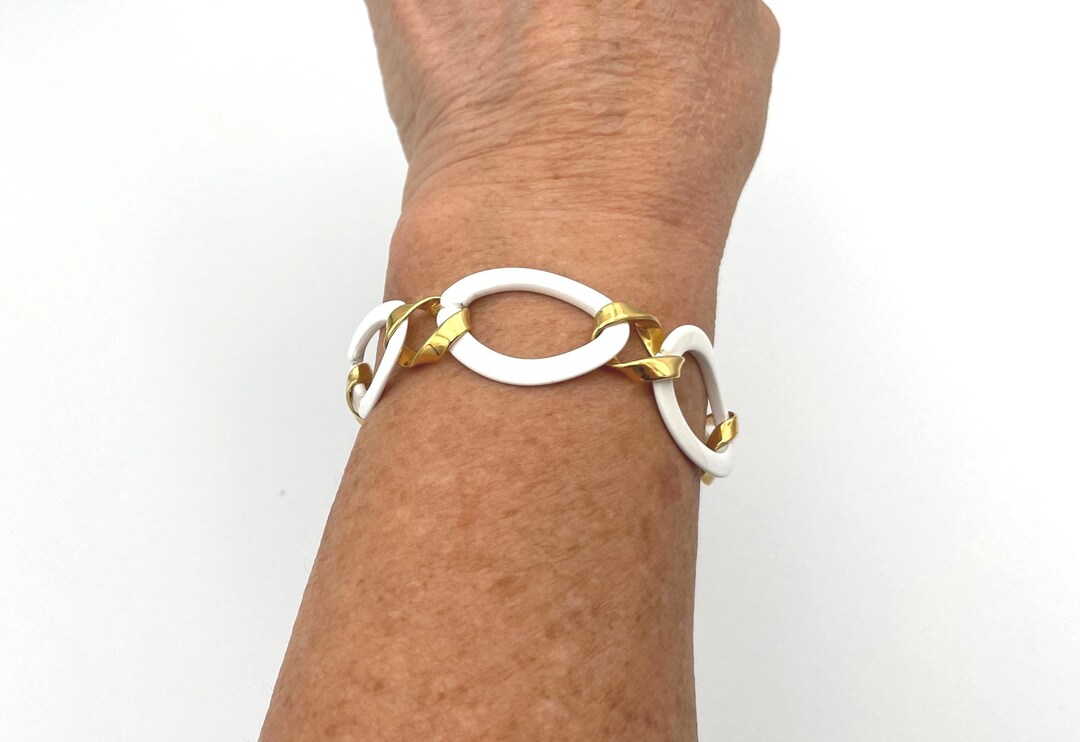 Vintage Monet White and Gold Link Bracelet - Etsy