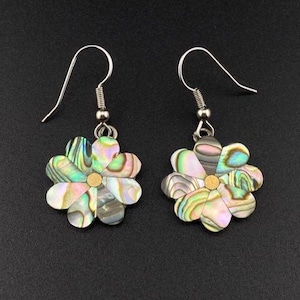 Alpaca Silver Abalone Flower Dangle Earrings