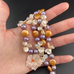 Multi Color Pearls with Carved Mother of Pearl Flower Necklace