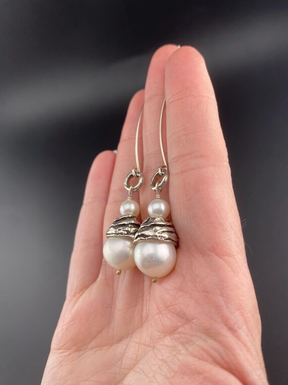 Vintage Sterling Silver Pearl Dangle Earrings - image 7
