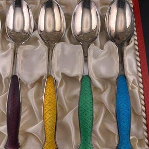 E Dragsted Denmark Sterling Guilloche Enamel Demitasse Spoons