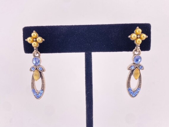 Boucles D'oreilles Pendantes Vintage - Strass Bleu Sur Teinte Argenté - Percées - Modèle 1B 111