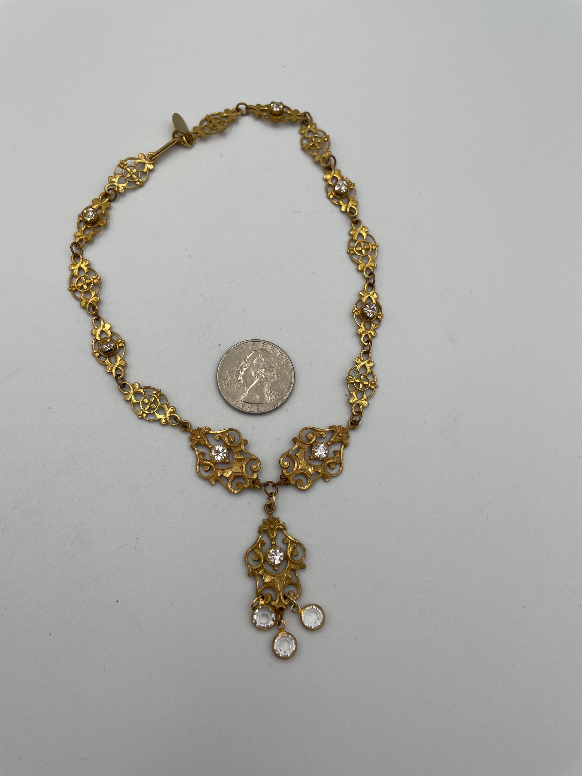 Vintage Miriam Haskell Crystal Russian Gold Plated Filigree